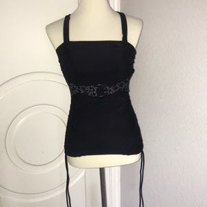 black swim top with belt and ruching ties